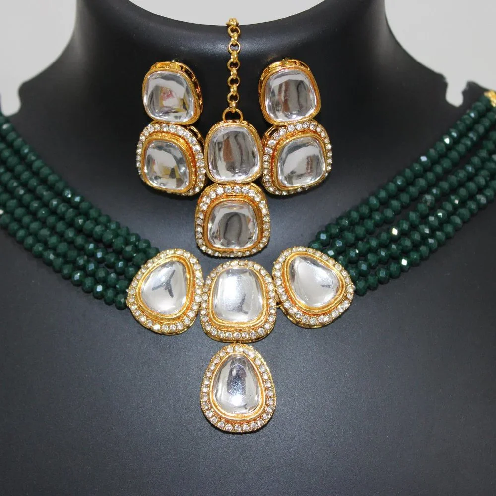 Green Kundan Polki Set for Women - Picture 2 of 4